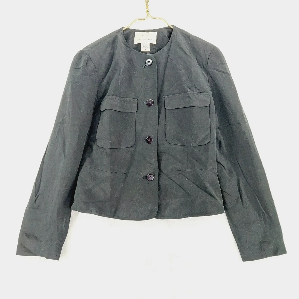 Design by Pat Argenti Black 100% Silk Button Up Chest Pockets Blazer P2991